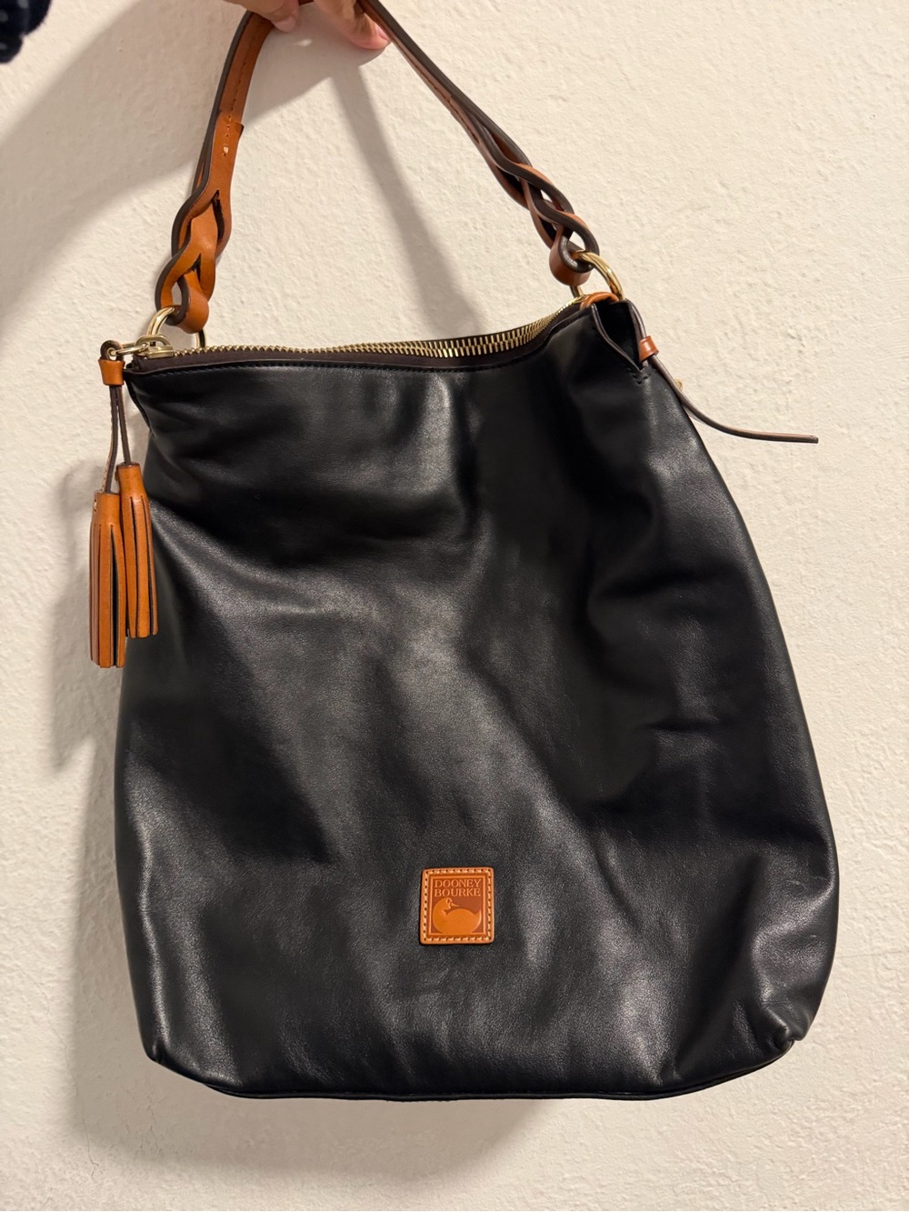 Dooney & Bourke Black Leather Shoulder Bag with Tan Braided Handle